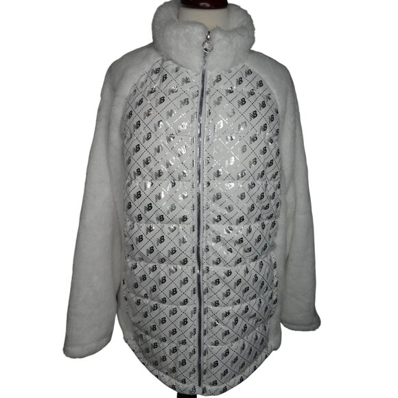 New Balance Jackets & Blazers - New Balance Women's Pile Faux Fur White Silver Logo Jacket Size 2X